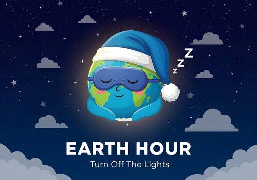 A cartoon Earth wearing sleep mask and Santa hat for Earth Hour