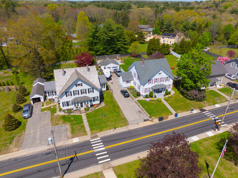 Historic residential houses aerial view on Greene Street in historic village of Slatersville, town of North Smithfield, Rhode Island RI, USA. 