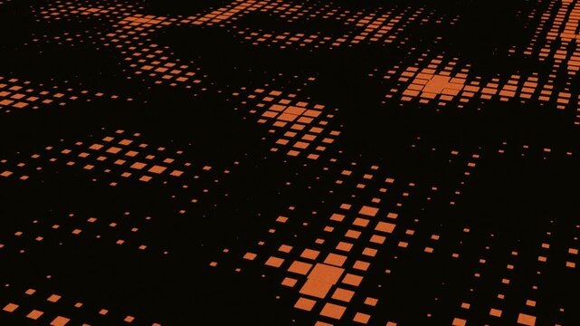 Seamless retro orange pixelated arrow pattern animation scattered on dark digital grid background