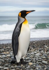Fototapeta premium Majestic aquatic bird stands upright on a rocky ocean shore under cloudy skies