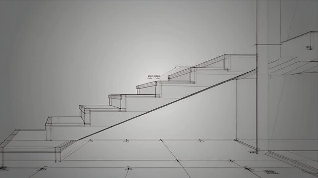 Progressive architectural wireframe stair design blueprint animation.