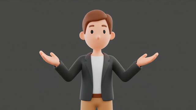 3D cartoon man shrugging with confused gesture on dark background.