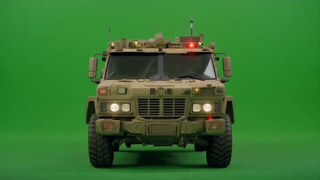 Armored military truck with flashing beacon on green screen.