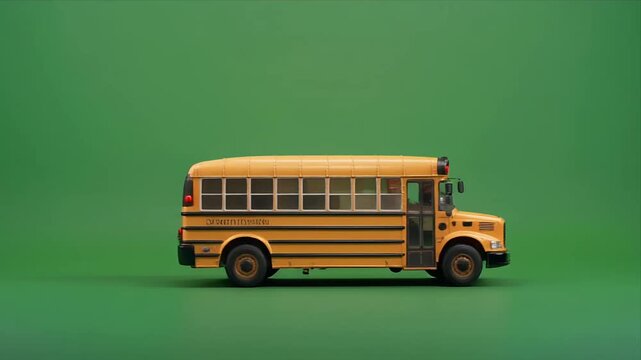 Yellow school bus drives across green background.