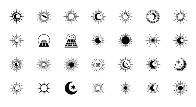 Large set of various celestial sun and moon symbols in different artistic styles and phases isolated on a white background.