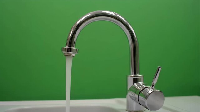 Running water from chrome kitchen faucet with green background.