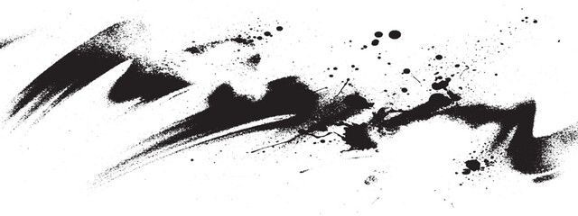 Abstract black ink marks and splatter graphic elements on white background