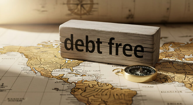 Wooden block inscribed with debt free text resting atop a world map atlas symbolizing global financial freedom wealth management loan forgiveness and economic independence achievement.