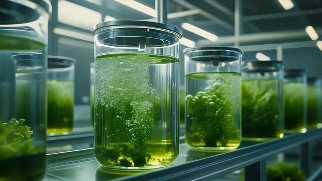 Row of bioreactor jars cultivating green algae in modern laboratory.