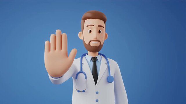 Animated doctor with stethoscope shows stop gesture.