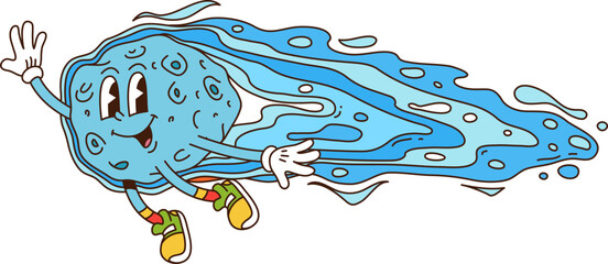 Space flying comet cartoon groovy cute character. Astronomy science comic personage, space galaxy exploration retro groovy vector character. Cosmos flying ice comet or asteroid isolated funny mascot © Seavector