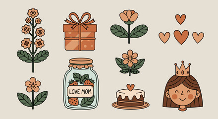 A charming collection of floral and heart-themed illustrations in a cute, modern style, perfect for Mother's Day designs