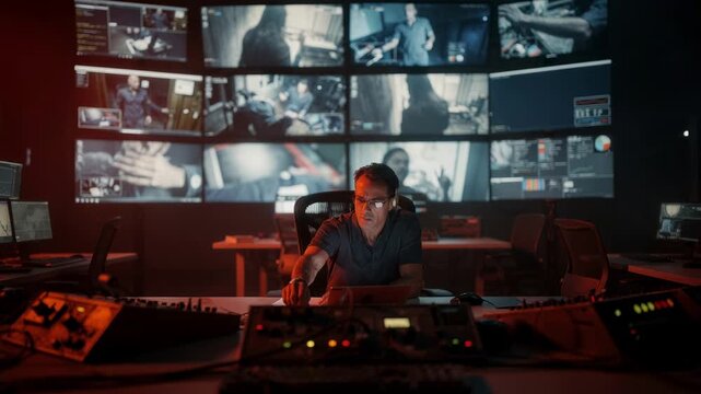 Emergency lighting bathes a control operator as they concentrate on streaming feeds from wall monitors highlighting tense expressions and unfocused surrounding elements.