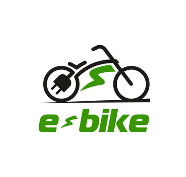 Electrobike icon, vector emblem with electric bicycle, plug, wheel and lightning symbol. Vector modern ebike, eco transport, energy, electricity, clean mobility label for sustainable urban technology