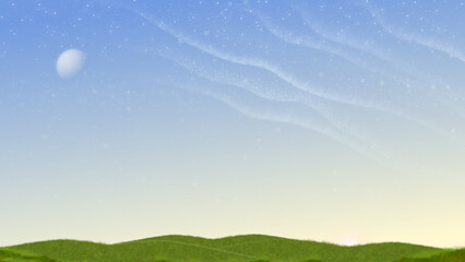 Obraz premium Dreamy spring landscape illustration featuring soft blue sky, gentle glowing stars, and flowing cloud textures above rolling green hills. 