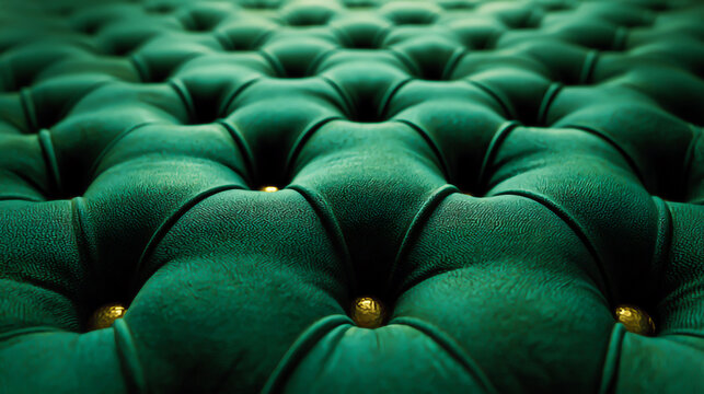 Closeup of a green velvet tufted sofa with button details on upholstery