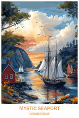 Fototapeta premium Tall-masted sailing ship entering a tranquil rocky seaport at golden sunset with reflected water, rugged cliffs, pine forests, red coastal cottages and distant sailboats