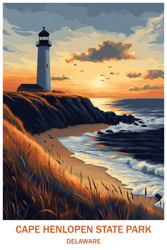 Solitary lighthouse standing on a rugged coastal cliff at sunset overlooking crashing waves, sandy beach and tall dune grasses in a serene seascape at Cape Henlopen State Park