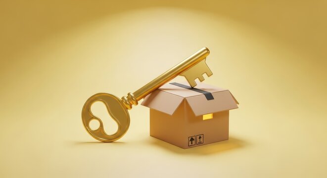 Ornate golden key rests atop an open, plain cardboard delivery container against a monochromatic yellow background