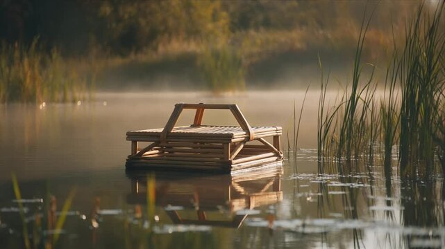 Slow pan of wooden raft on misty lake at sunrise.