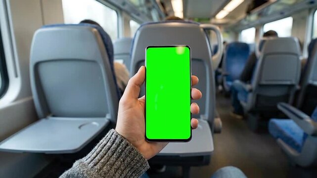 Young Woman Holding Smartphone with Green Screen While Sitting on Public Transport &ndash; Mobile Mockup in Train