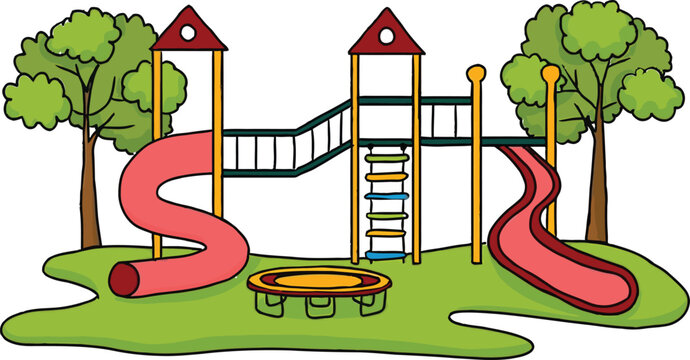 Vector illustration of a children's playground with slides and trees, Playground set with slides, ladder, and trampoline, cartoon style