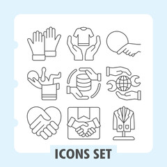 Obraz premium Gloves, baby infant, handshake icons, collection illustrating concepts such as business, partnership, donation, global service and care. Set of nine thin line icons on white background.