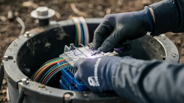 Closeup on hands installing fiber optic splices within a handhole closure with main focus on the fusion process and blurred ground surface