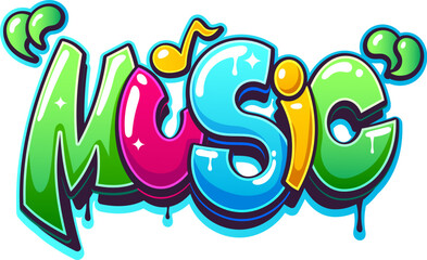 Fototapeta premium Music street graffiti, funky wall artwork typography. Ghetto airbrush spray lettering, urban wall artwork vector writing. Street music graffiti cool tag typography with dripping paint and musical note