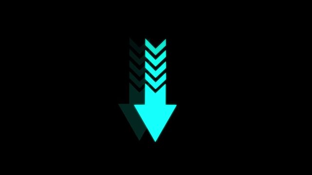 Glowing cyan color down arrow icon with multiple pointing forward on black background. Futuristic direction icon representing speed, progress, navigation, perfect for UI technology.