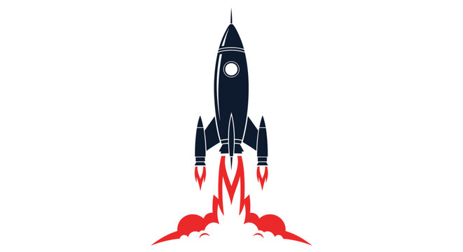 Space rocket taking off silhouette with red flames and white smoke for startup branding technology logos and modern business concepts.