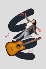 Trend abstract collage of person stand dance guitar with musical note on grey color background