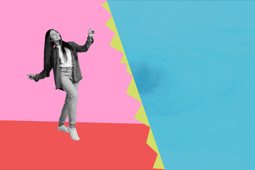 Banner image poster art collage of happy girl guy dance weekend party chill entertainment success...