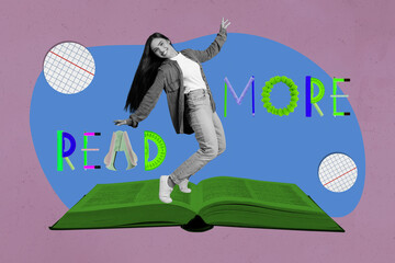 Fototapeta premium Pop art full zine photo collage of happy girl guy run open book library academic education learner pencil ruler read more letters