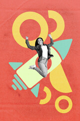 Naklejka premium 3d sketch poster trend collage of happy businesswoman businessman stand rocket flight project startup chart development establish