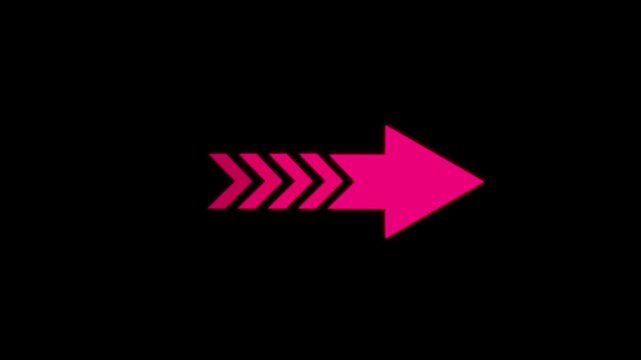 Glowing magenta color right arrow icon with multiple pointing forward on black background. Futuristic direction icon representing speed, progress, navigation, perfect for UI technology.