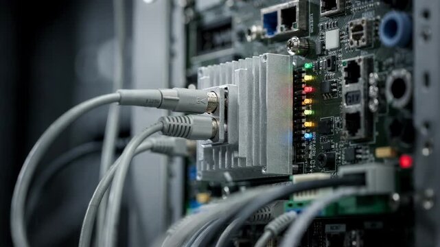 Closeup medium shot of a highpower transmitter module plugged into a control panel displaying diagnostic lights in sharp clarity with surrounding wires softly blurred.
