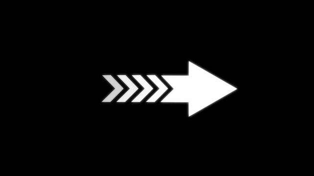 Glowing white right arrow icon with multiple pointing forward on black background. Futuristic direction icon representing speed, progress, navigation, perfect for UI technology.
