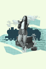 Pop zine 3d poster collage of happy girl guy stand railway station train passenger valise stack dry...