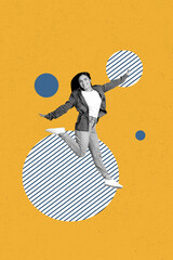 Poster trend collage of person levitate fly on yellow color background with circle shape