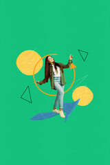 Creative image collage of person stand walk arrows spinning on green background