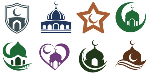 Colorful Mosque Silhouette Icons, Islamic Architecture, Minarets, Domes, Religious Buildings, Muslim Cultural Symbols, Vector Illustration. © Ayat 03
