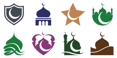 Colorful Mosque Silhouette Icons, Islamic Architecture, Minarets, Domes, Religious Buildings, Muslim Cultural Symbols, Vector Illustration. © Ayat 03