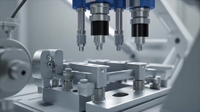 Robotic precision assembly machine operating with three synchronized spindles in modern factory.