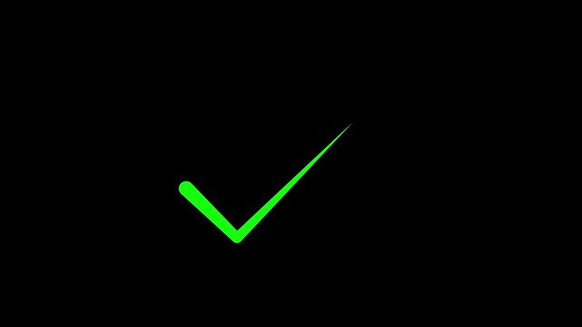 Green checkmark symbol glowing on black background abstract animation glowing green checkmark success symbol