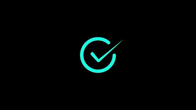Blue checkmark inside circular outline on black background abstract symbol for verification success approval confirmation