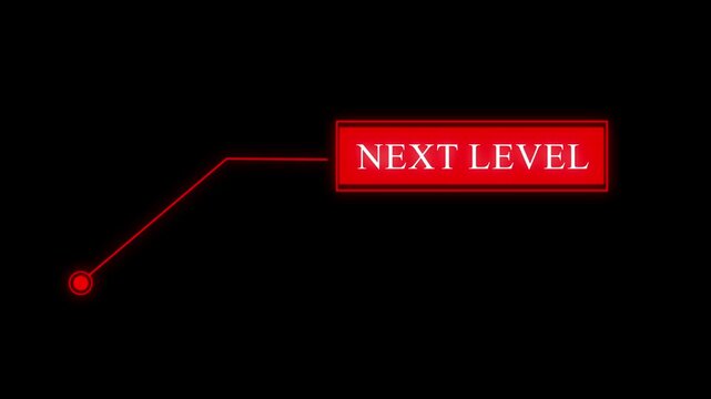 Red glowing next level button with connecting line on dark background futuristic digital interface glowing effect