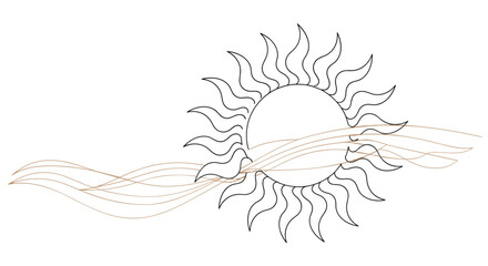 Obraz premium Minimalist line drawing of a sun with wavy rays and flowing thin lines representing wind or ocean waves moving across its center area.