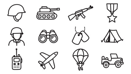 Fototapeta premium Military and Army Equipment Outline Icons Set: Helmet, Soldier, Tank, Rifle, Binoculars, Dog Tags, Tent, Radio, Airplane, Parachute, Jeep, Medal
