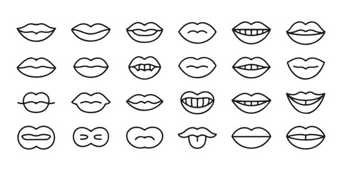 Obraz premium Large set of line art mouth icons with teeth and tongue showing diverse facial expressions and dental anatomy